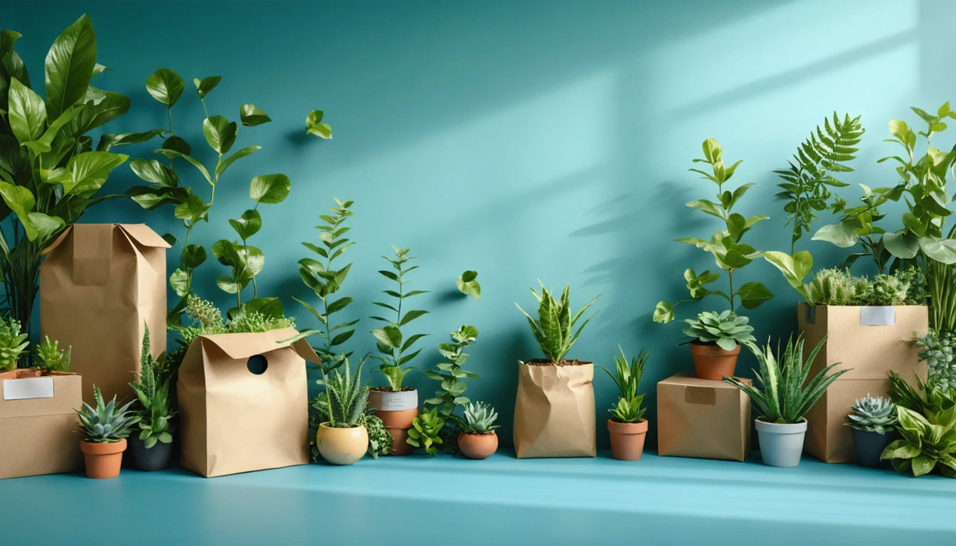 Various potted plants and paper bags against a teal wall, with sunlight casting shadows