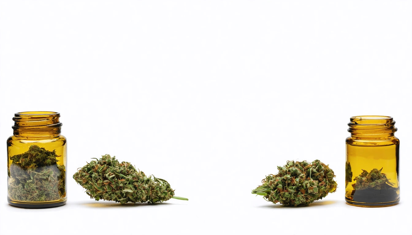 Two amber jars with cannabis buds; one jar open with a bud beside it, the other closed with a bud next to it