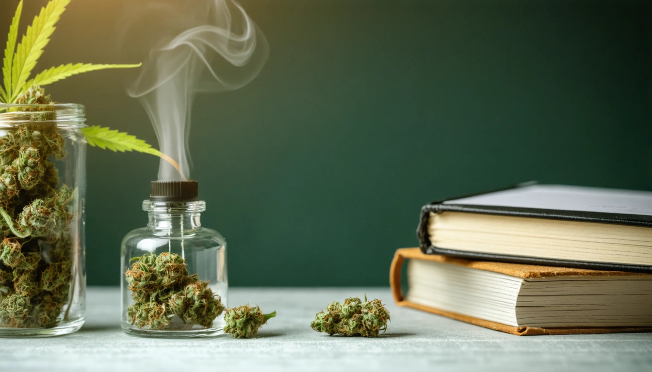Glass jar with cannabis buds, small bottle with smoke, two stacked books on a table, green background