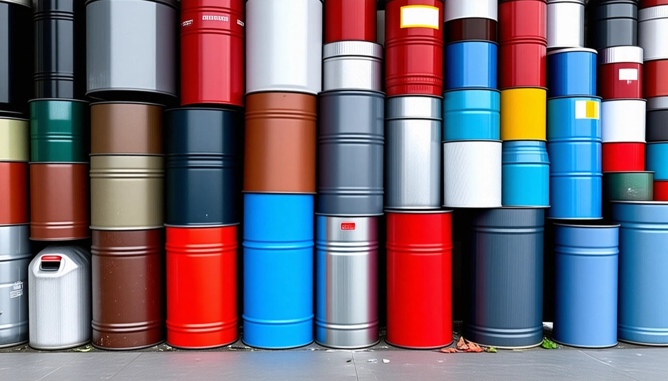 Stacks of colorful barrels in red, blue, silver, and white, arranged in rows against a wall