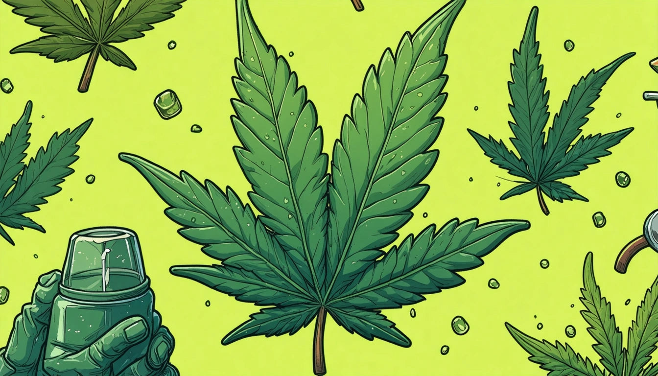 Large green leaf with serrated edges on bright yellow background, surrounded by smaller leaves and green cubes