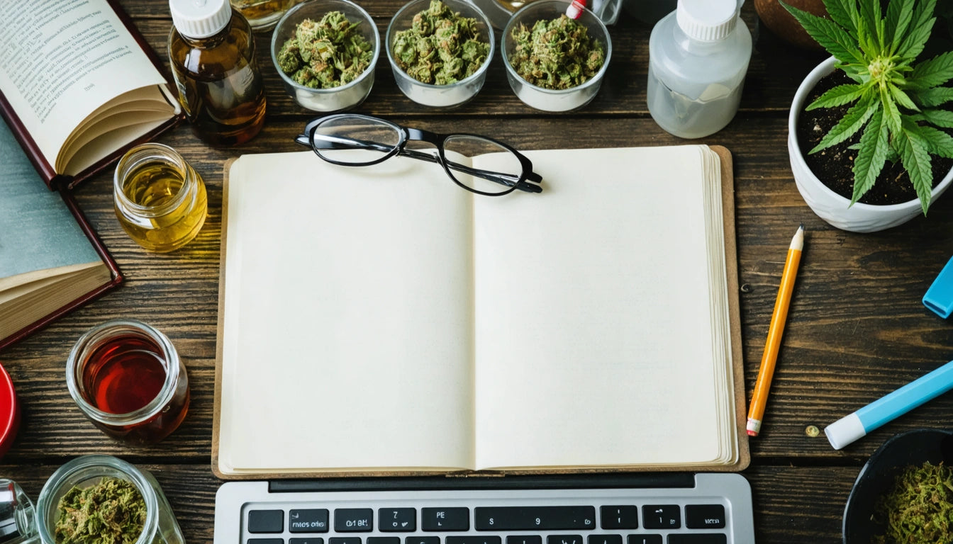 Open notebook with glasses on top, surrounded by jars, small containers with green buds, a pencil, and a laptop keyboard