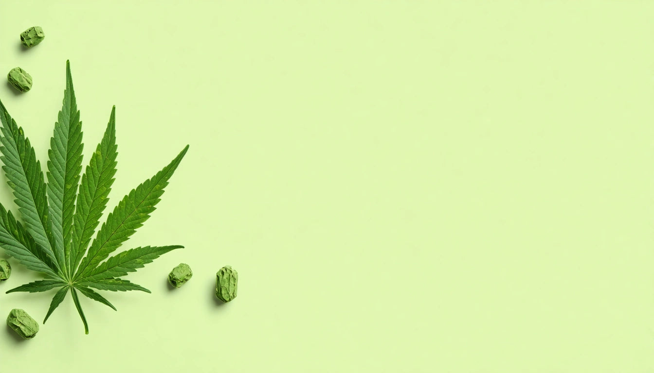 Green cannabis leaf and two small green buds on a light green background