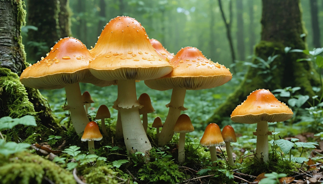 Orange mushrooms with white stems clustered on forest floor, surrounded by green moss and foliage, blurred trees in background