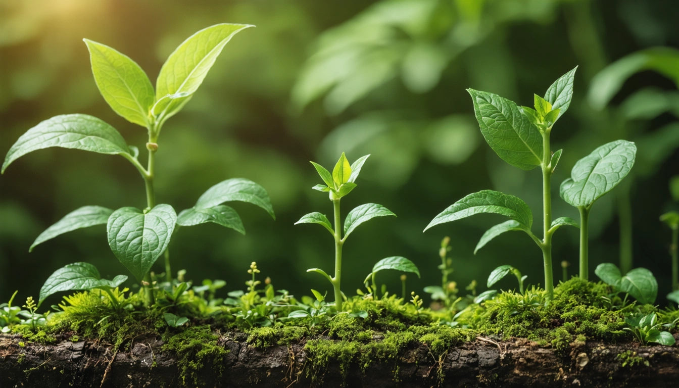 Three young plants with green leaves growing on a moss-covered log, with a blurred green background and soft sunlight