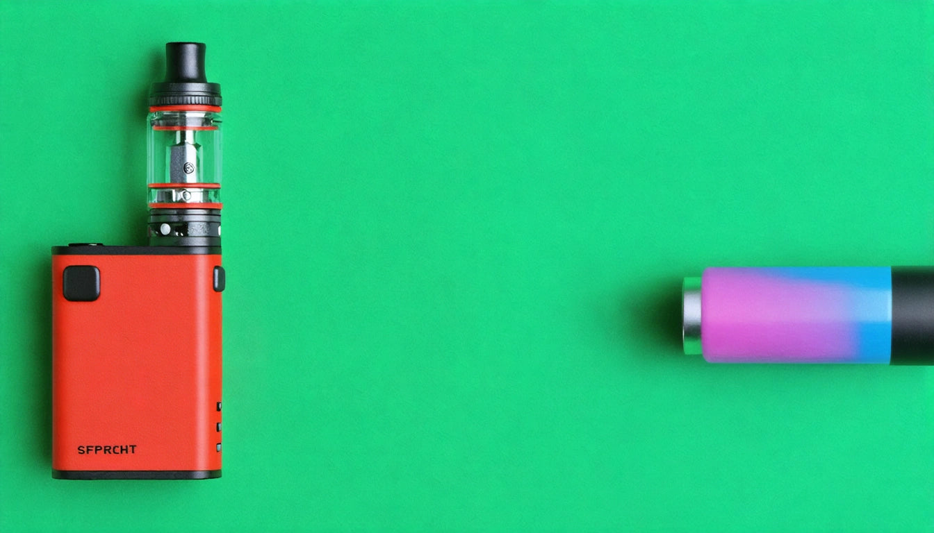 Red vape device with clear tank on left, colorful cylindrical vape pen on right, both on bright green background