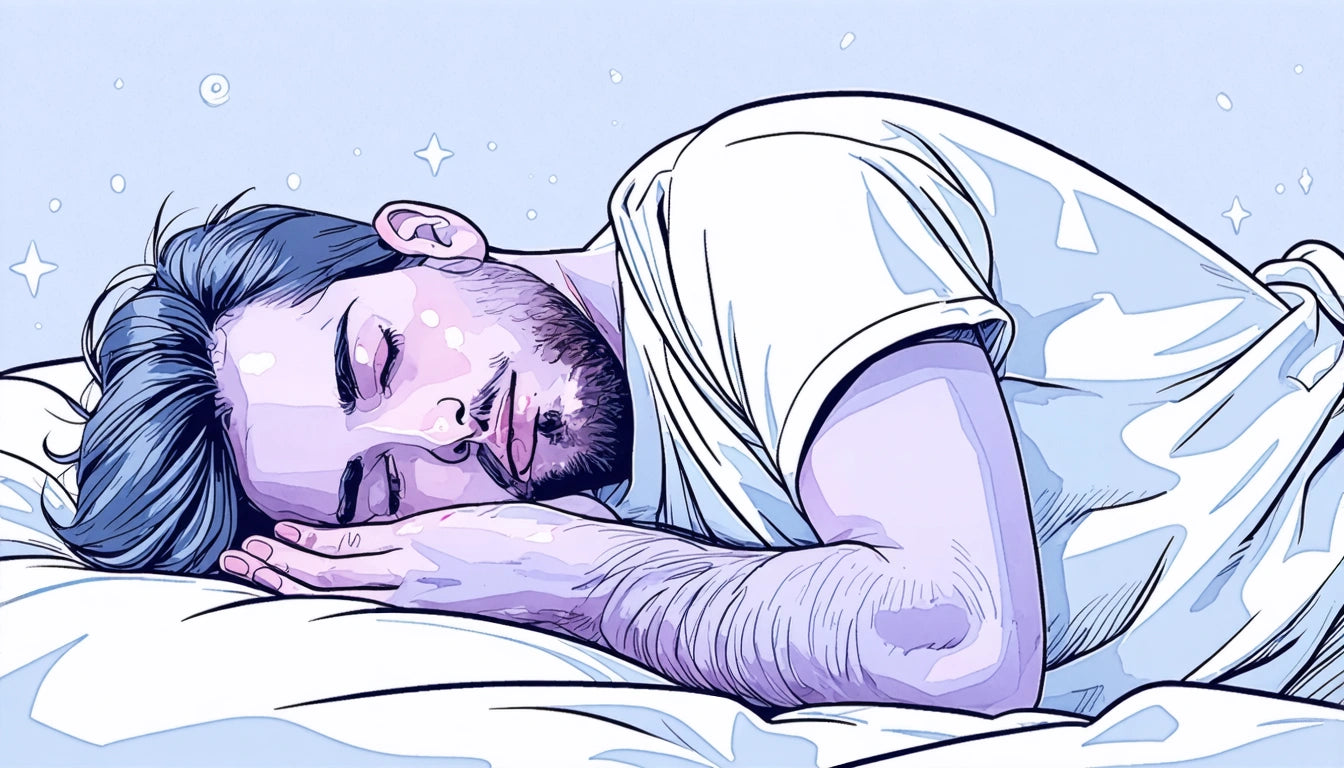 Man with beard sleeping on side, head on pillow, wearing white shirt, surrounded by stars on a light blue background