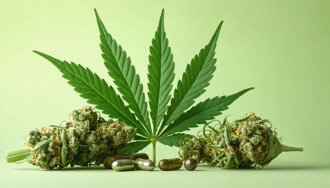 Cannabis leaf behind two buds and several capsules on a light green background