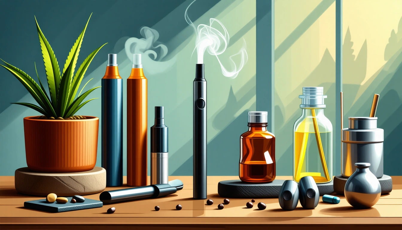 Potted plant, various bottles, and vape pens on a wooden table; sunlight streaming through large windows in the background