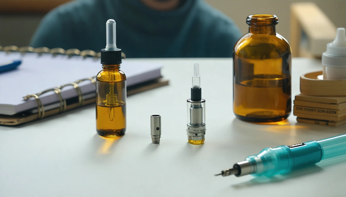 Amber glass bottles, a notebook, and a blue syringe on a white table