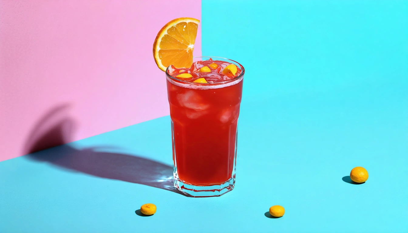Red drink with ice in a glass, garnished with an orange slice, on a pink and blue background with yellow candies nearby