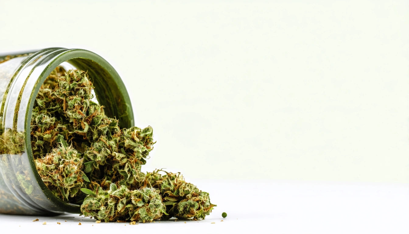 Glass jar tipped over, spilling green and orange plant buds onto a white surface against a pale background