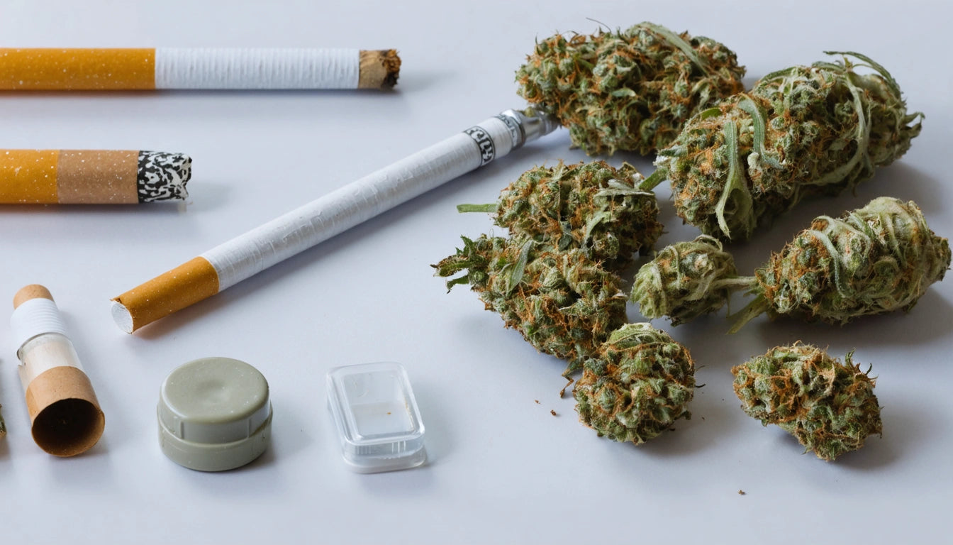 Cigarettes, rolled paper, cannabis buds, plastic containers, and a grinder on a white surface