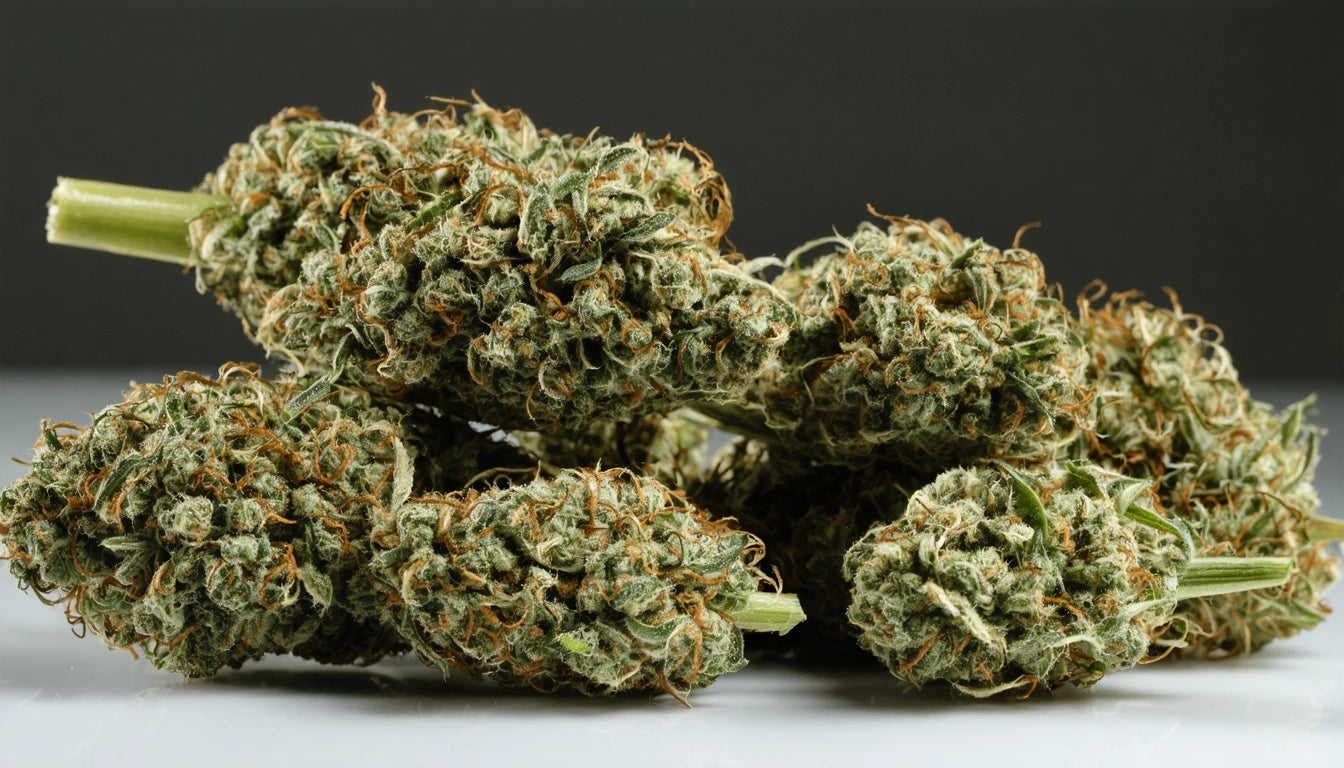 Several dense, green and brown plant buds with textured surfaces on a reflective white surface against a dark background