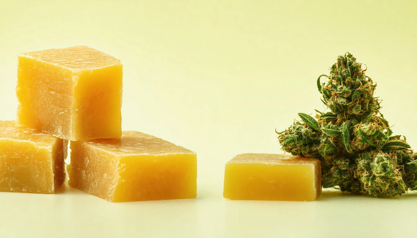 Four yellow cubes stacked beside a green, textured plant on a light yellow background