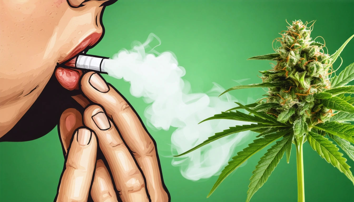 Person holding a cigarette near lips, exhaling smoke, with a cannabis plant on the right against a green background