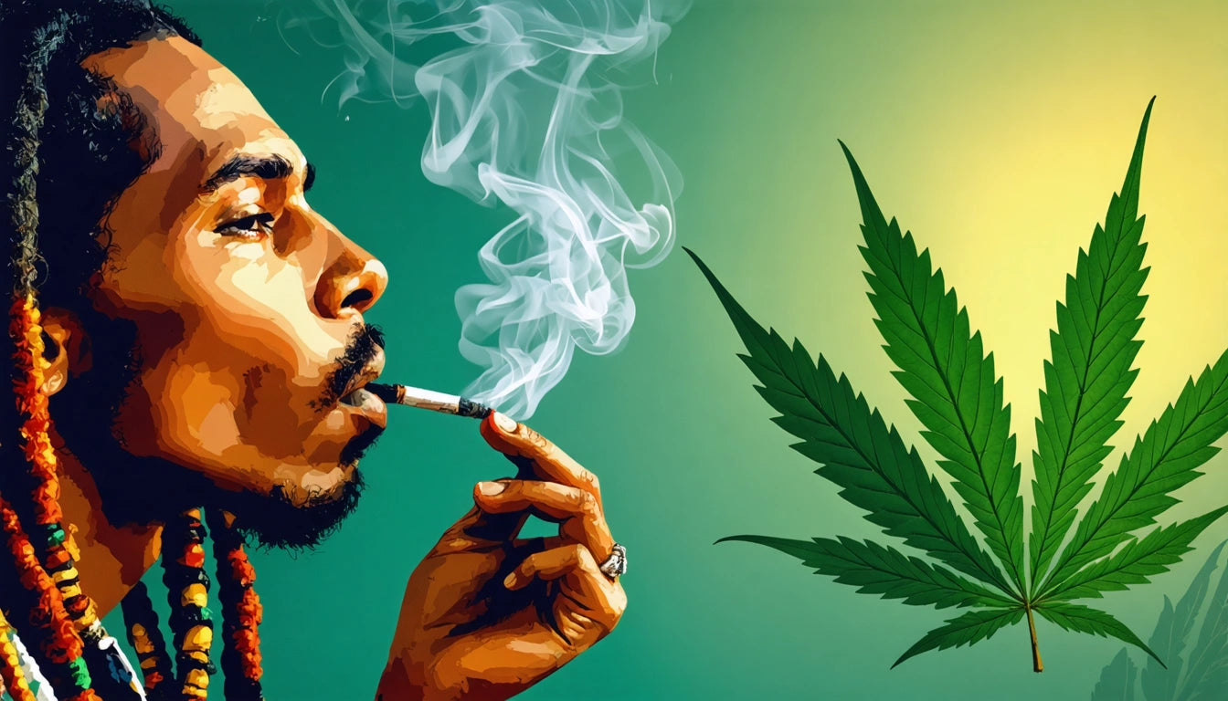 Man with dreadlocks smoking, exhaling white smoke against a green background with a large cannabis leaf on the right