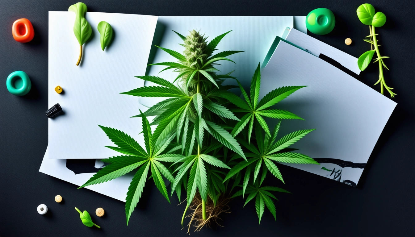 Green plant with pointed leaves on scattered papers, surrounded by small colorful objects and capsules on a dark surface