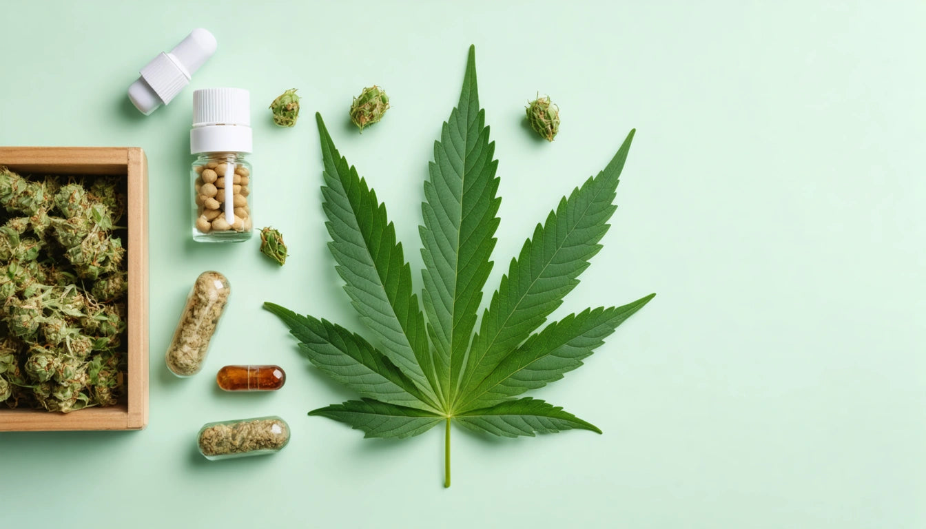 Large green leaf surrounded by small buds, capsules, and bottles on a light green background