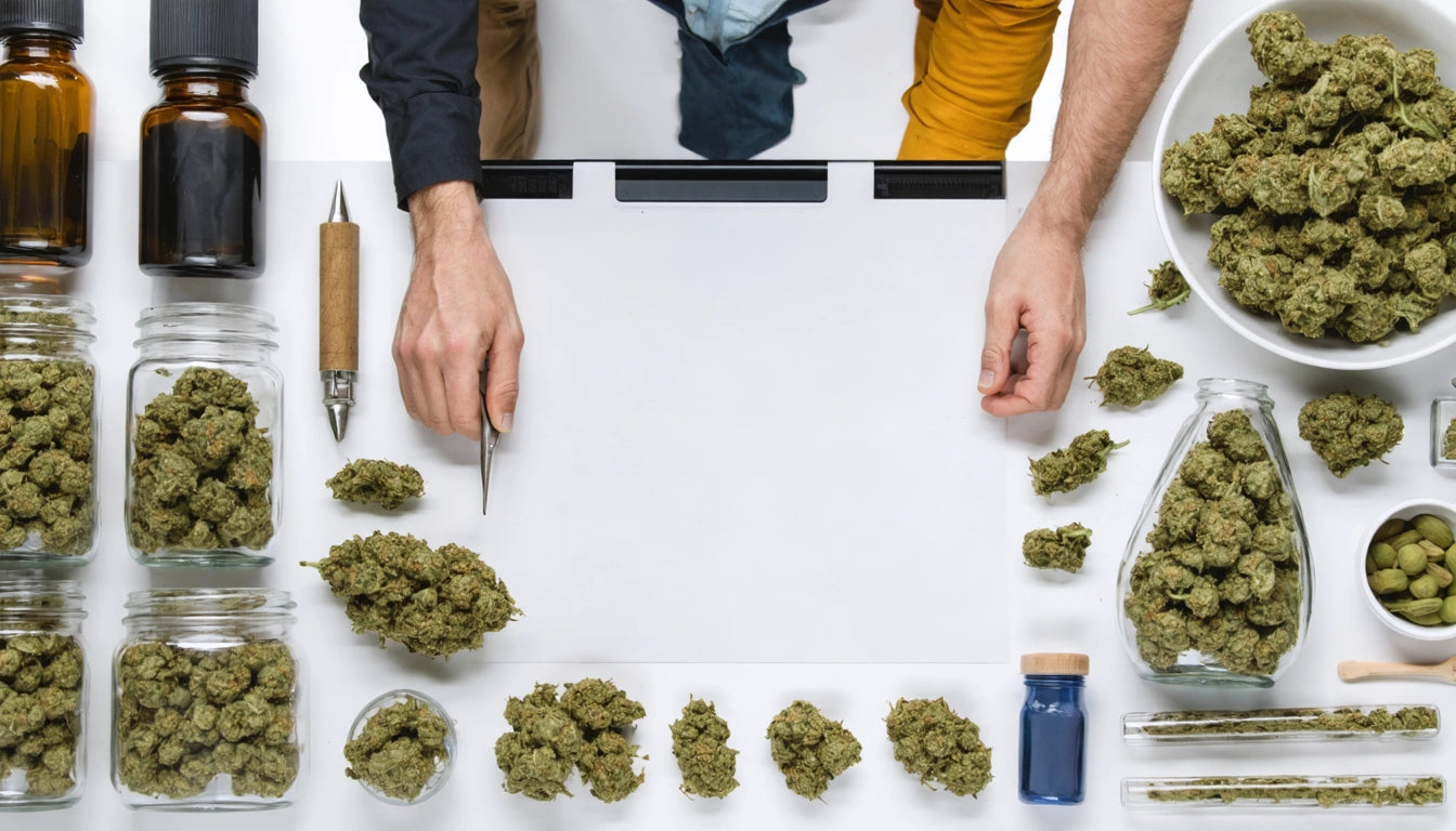 Hands arranging cannabis buds on a white table with jars, bottles, and a clipboard