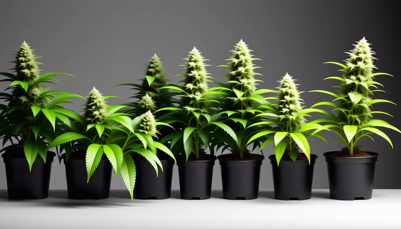 Seven potted plants with spiky green leaves and tall, dense clusters of light green buds, set against a gray background