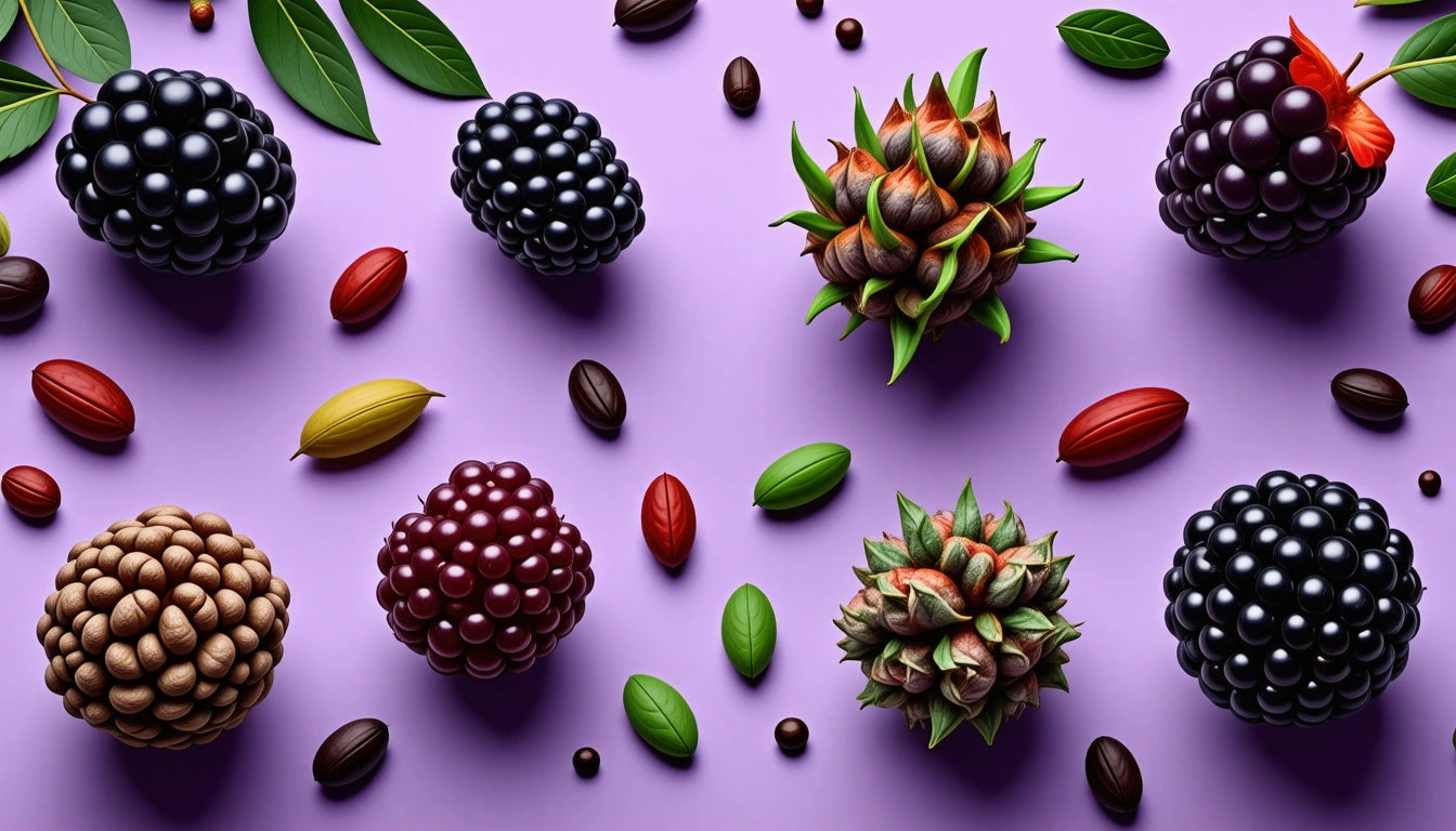 Blackberries, spiky green fruits, and colorful seeds scattered on a purple background