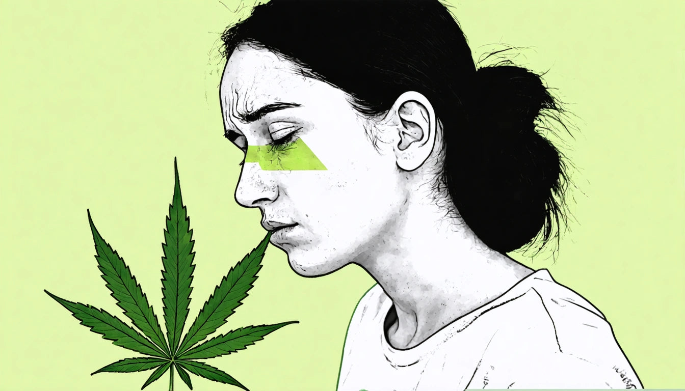 Woman with dark hair in bun, eyes closed, green triangle on cheek, large green leaf in foreground, light green background