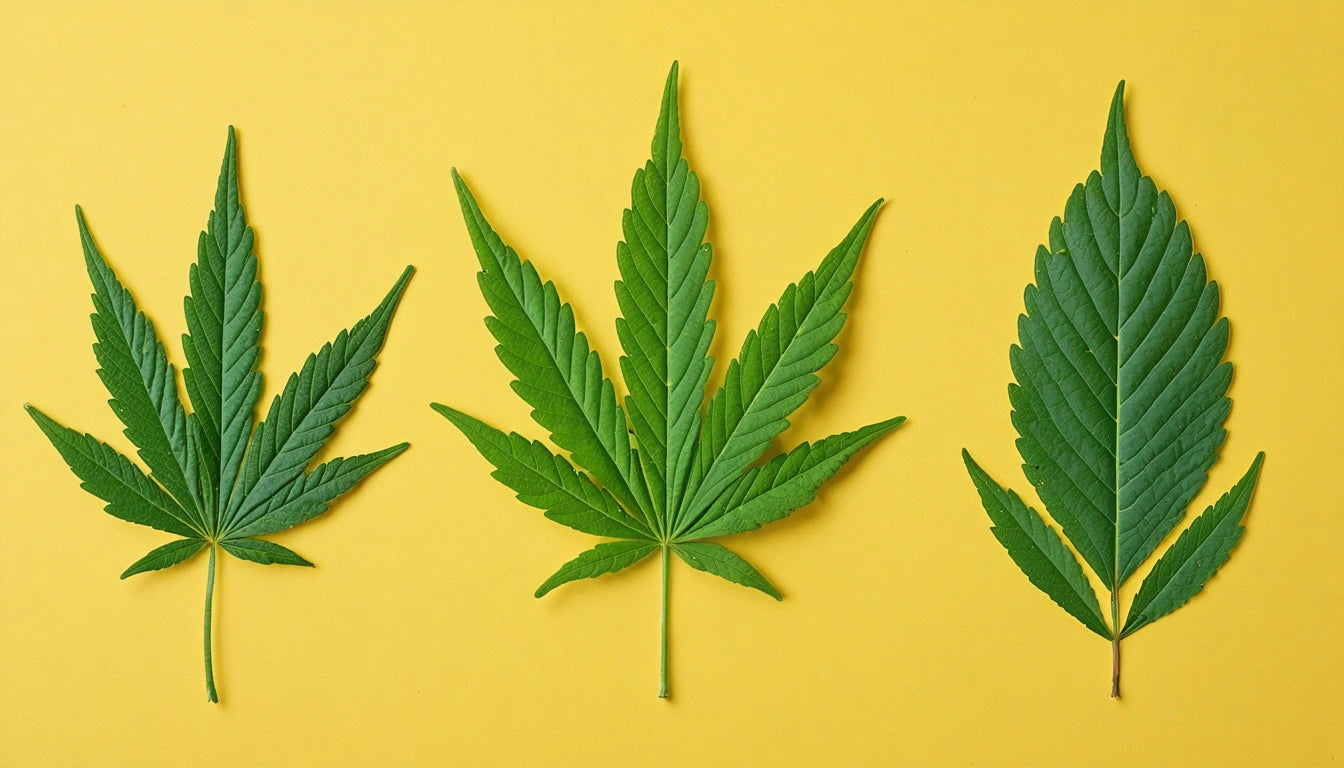 Three green leaves with serrated edges on a yellow background