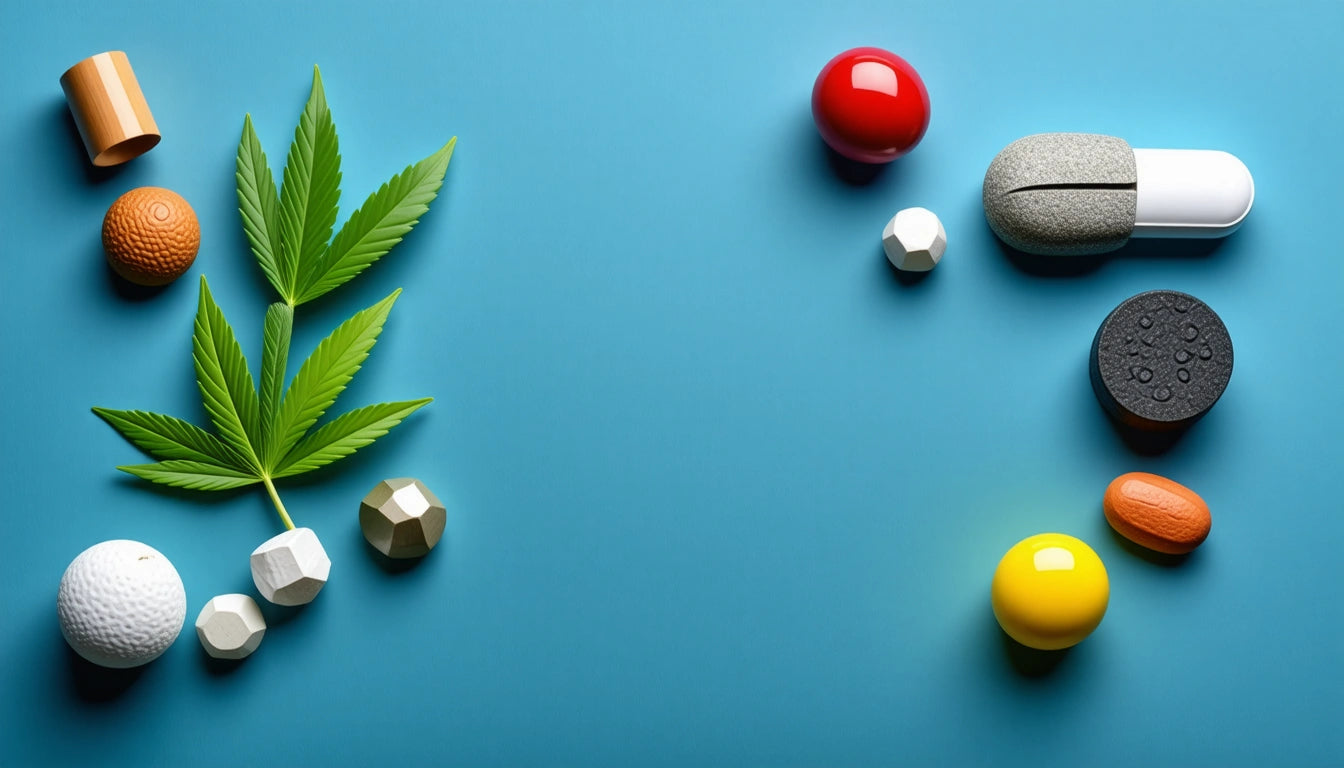 Green cannabis leaf and various colorful capsules and spheres on a blue background