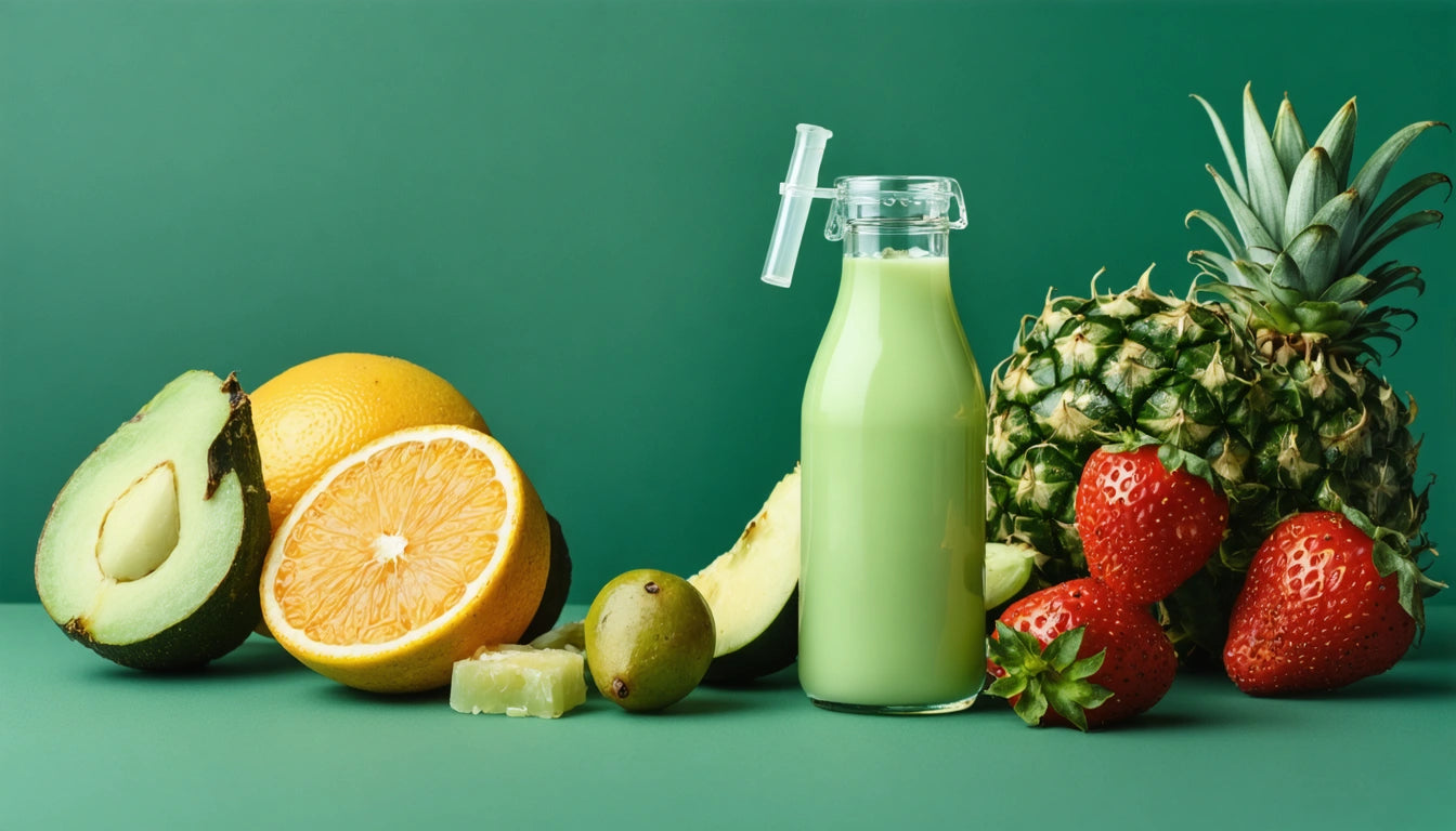 Avocado, orange, lime, pineapple, strawberries, and a green juice bottle with a straw on a green background