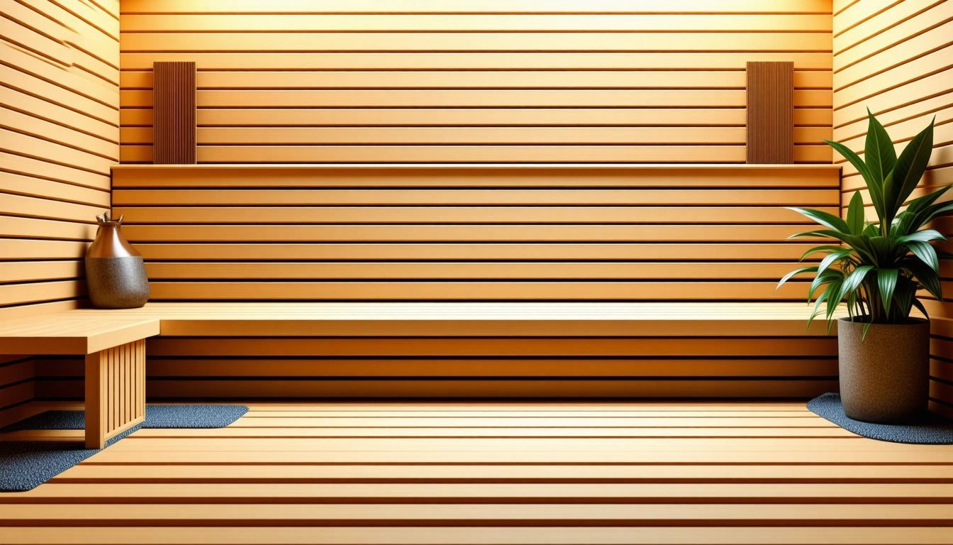 Wooden room with horizontal slats, two potted plants on the floor, and a wooden bench along the back wall. Warm lighting overhead