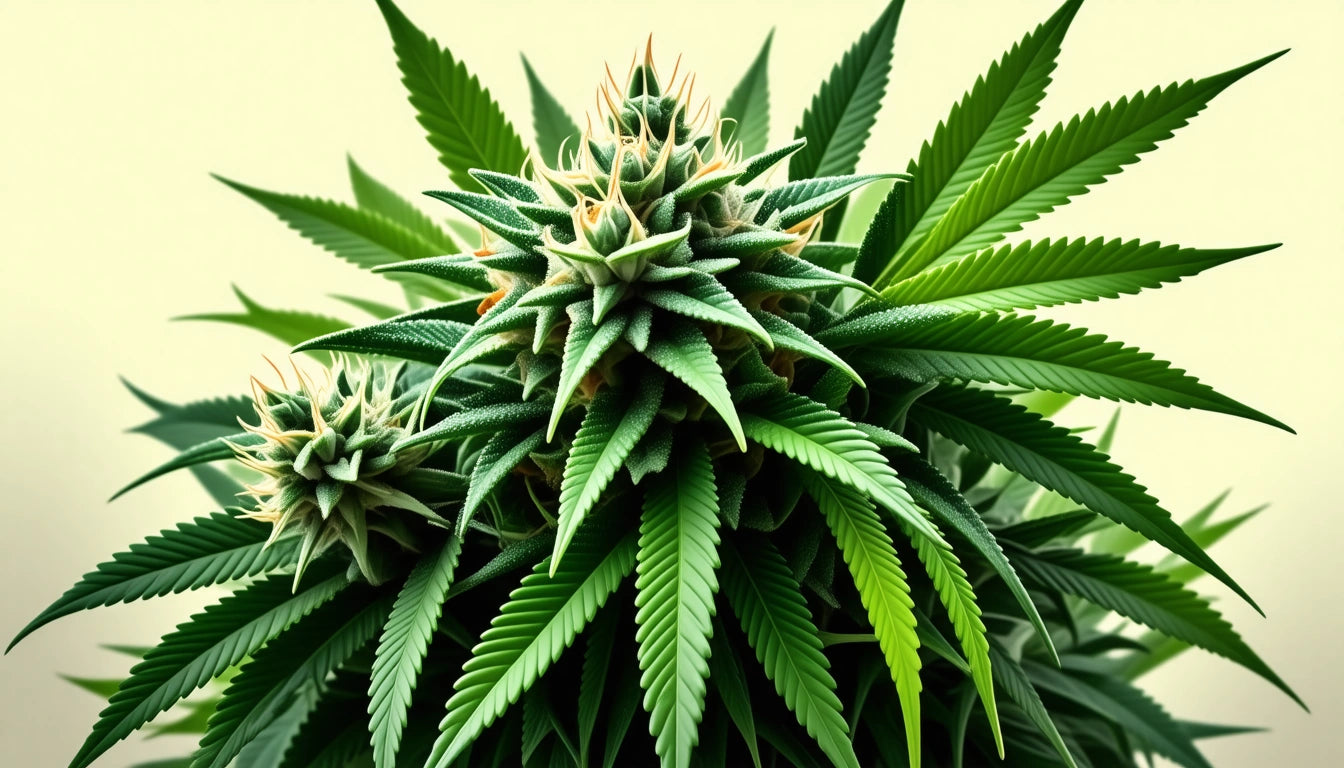 Green spiky plant with pointed leaves and dense clusters, set against a light background