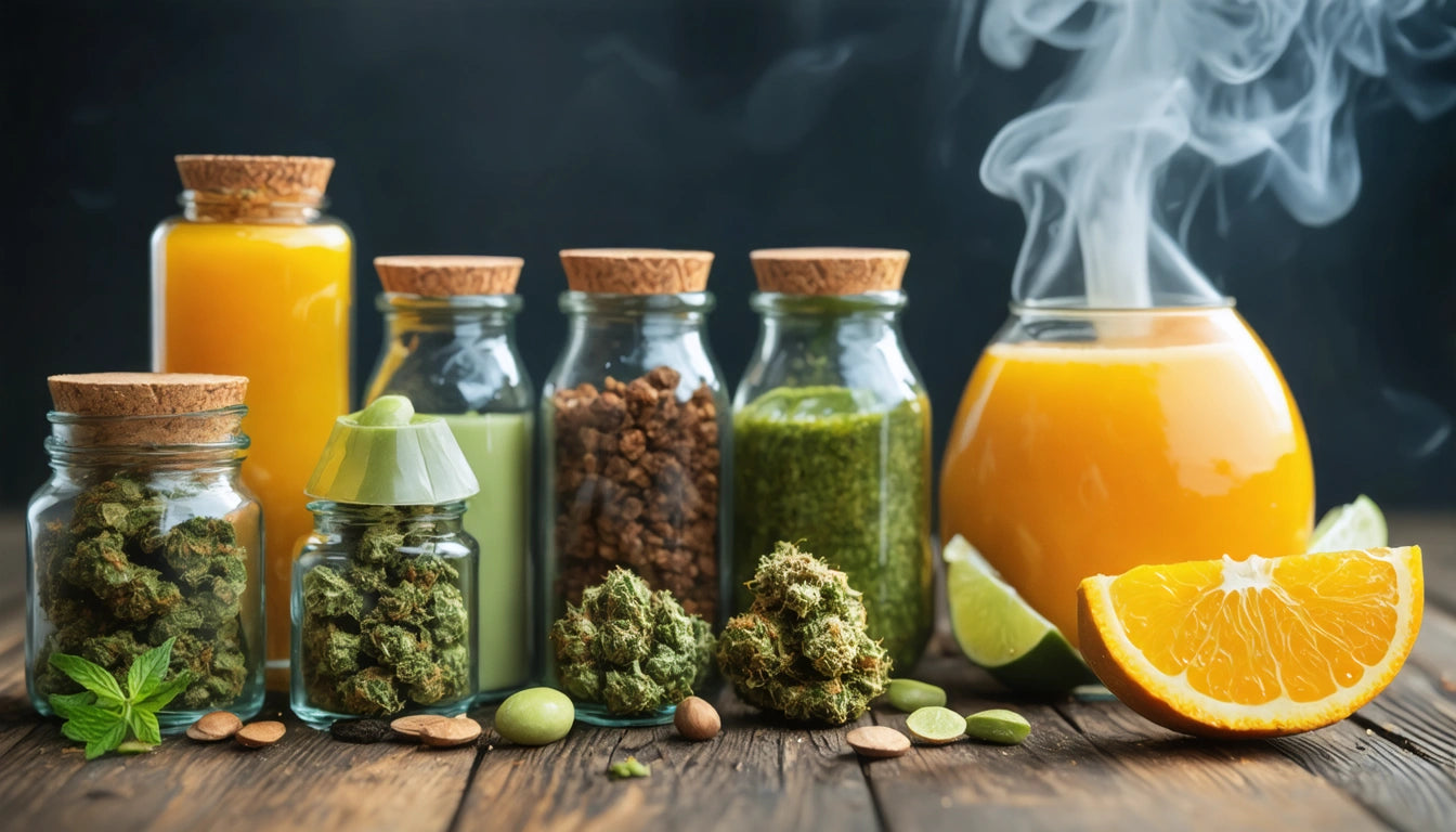 Glass jars with cork lids containing herbs, seeds, and liquids on wooden surface; sliced orange and lime beside steaming orange drink