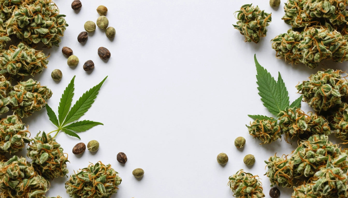 Green buds and seeds scattered on white background with two cannabis leaves on opposite sides