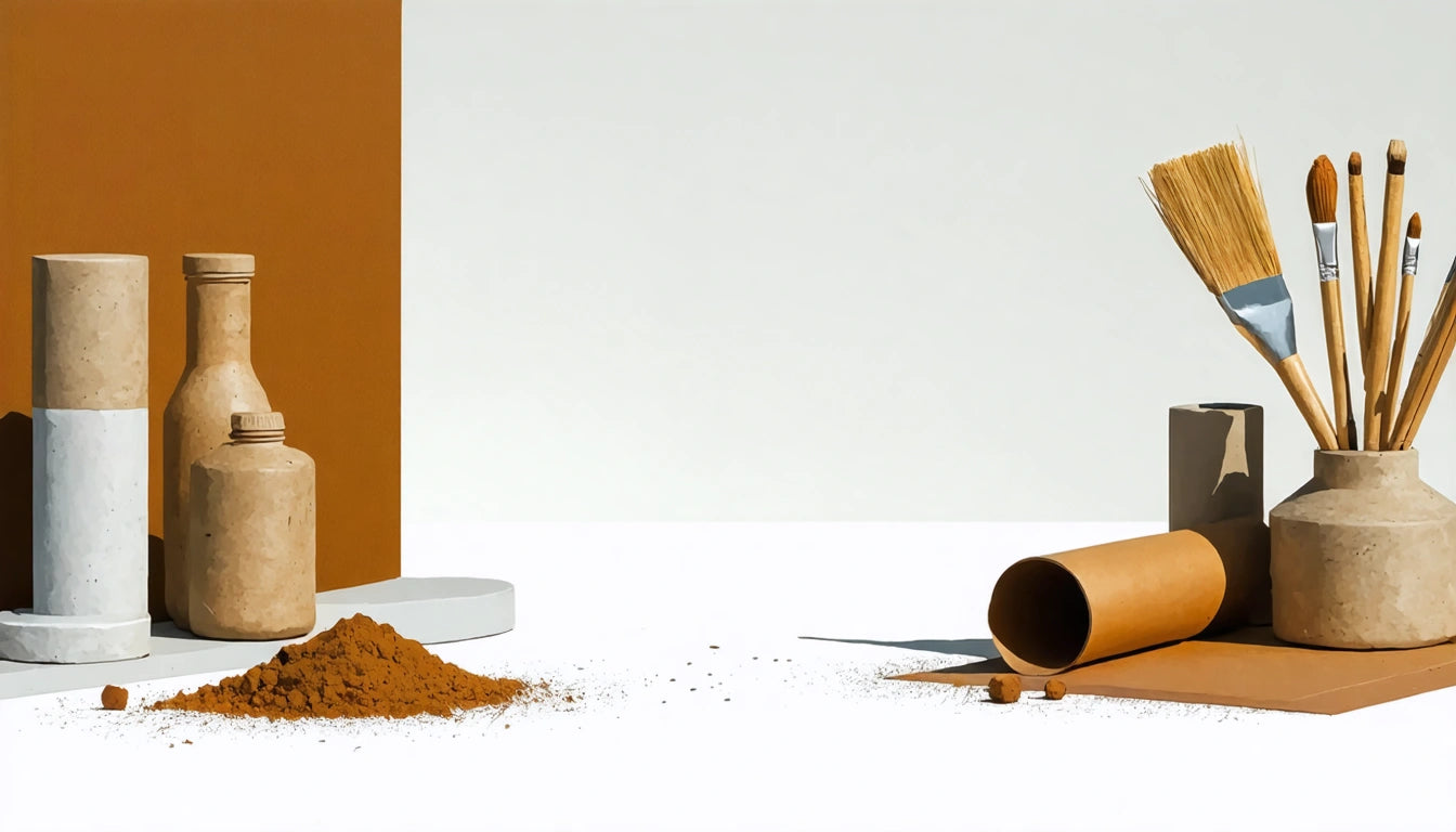 Brown and white cylindrical objects, paintbrushes in a holder, scattered brown powder, and a rolled paper on a white surface