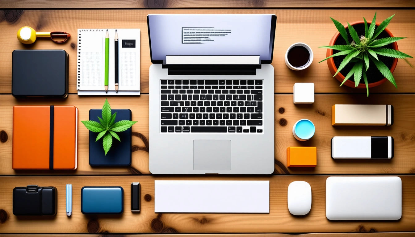 Laptop on wooden table surrounded by notebooks, pens, potted plant, coffee cup, and various small boxes