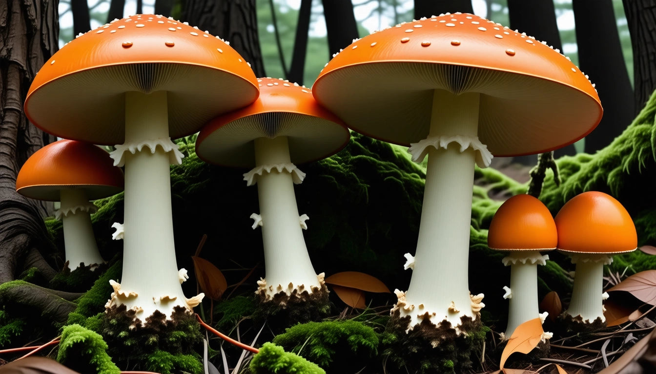 Orange-capped mushrooms with white stems and spots, surrounded by green moss and fallen leaves in a forest setting