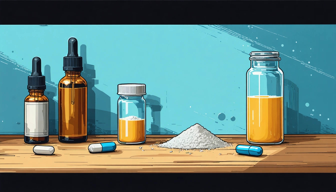Two dropper bottles, a small jar, a glass jar with liquid, a pile of white powder, and two blue capsules on a wooden surface