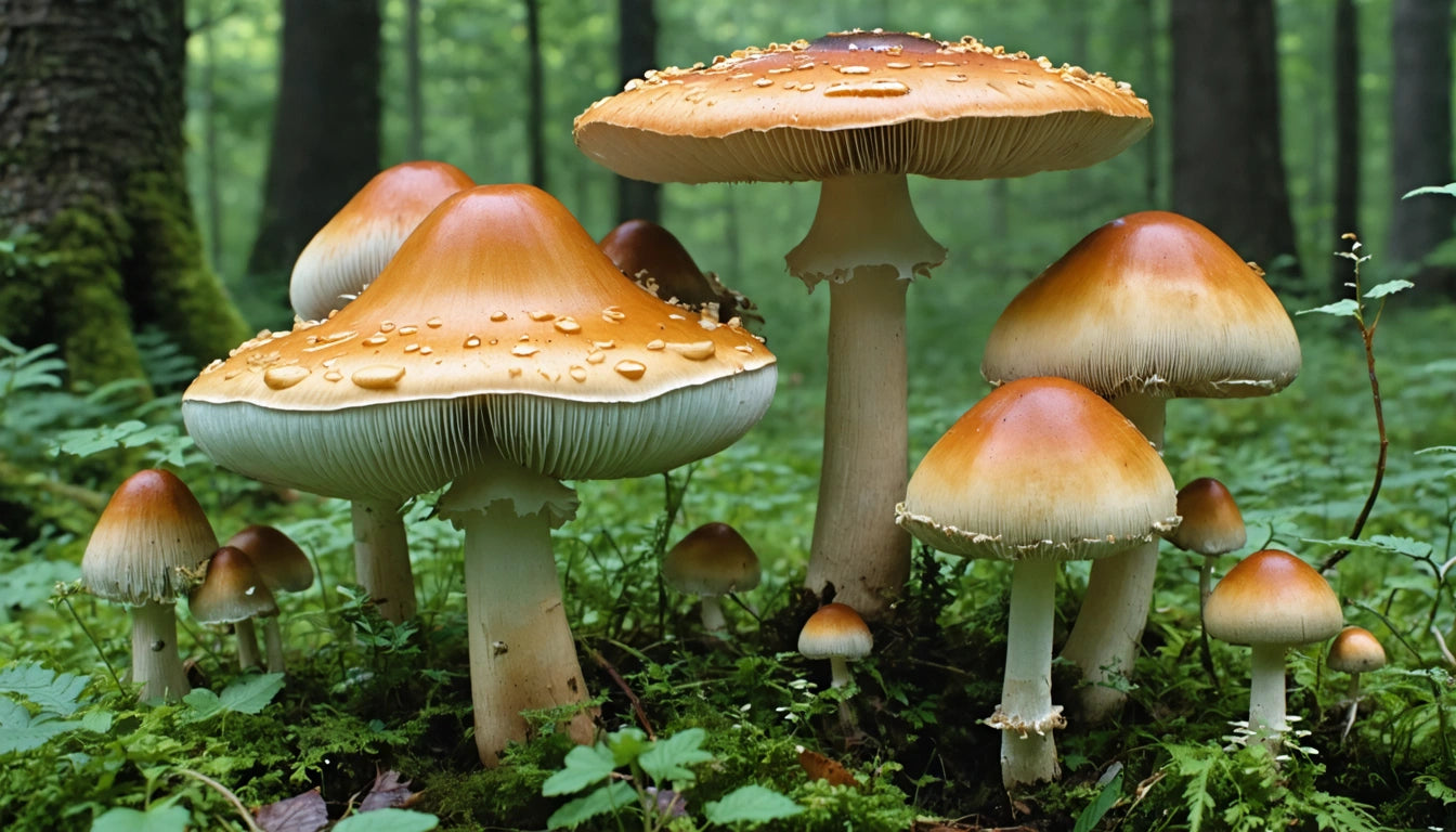 Tall mushrooms with orange-brown caps and white stems in a forest, surrounded by green foliage and moss