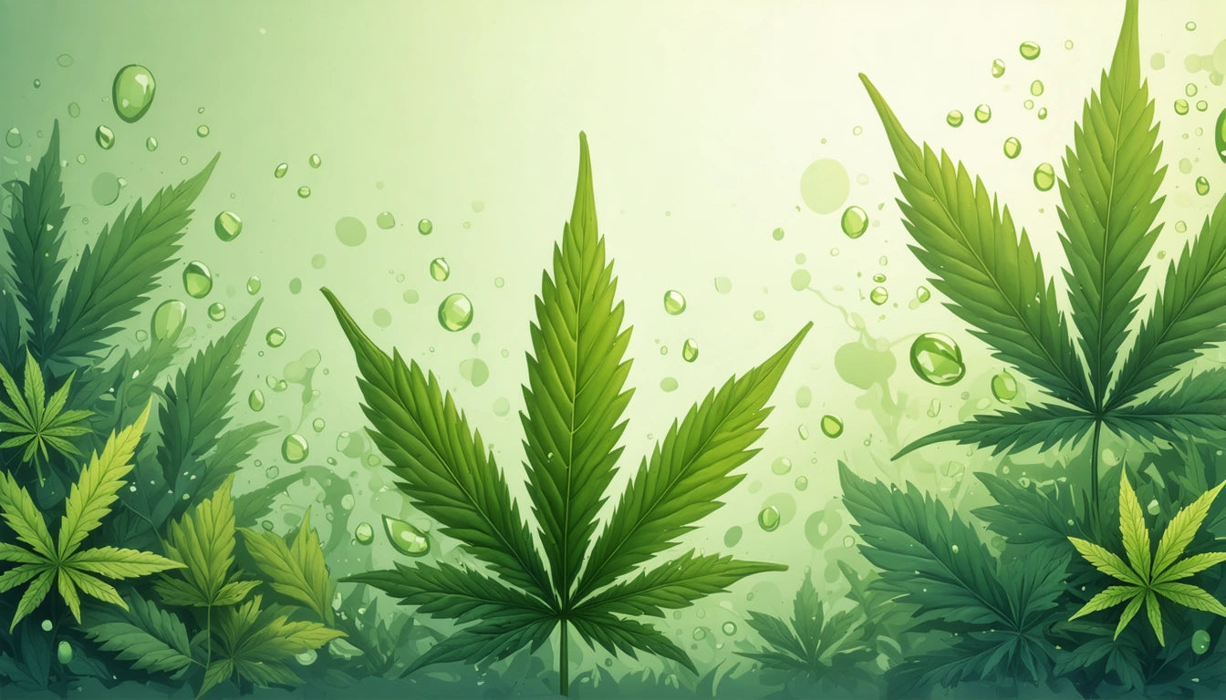 Green cannabis leaves surrounded by water droplets on a light green background