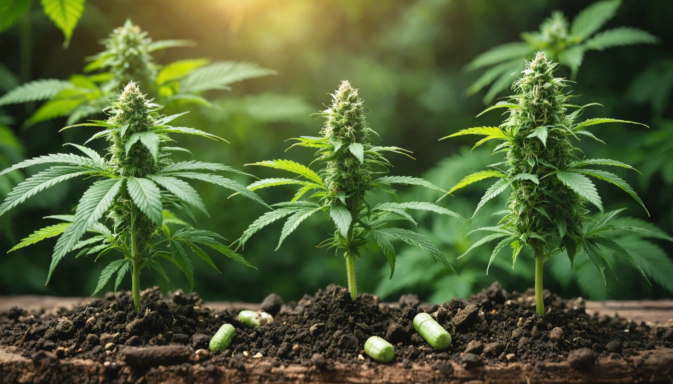 Three cannabis plants in soil with green capsules scattered, sunlight filtering through leaves, blurred greenery in background