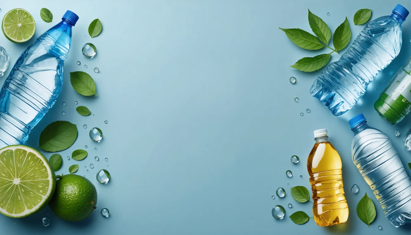 Blue background with water bottles, lime slices, green leaves, and droplets arranged on both sides