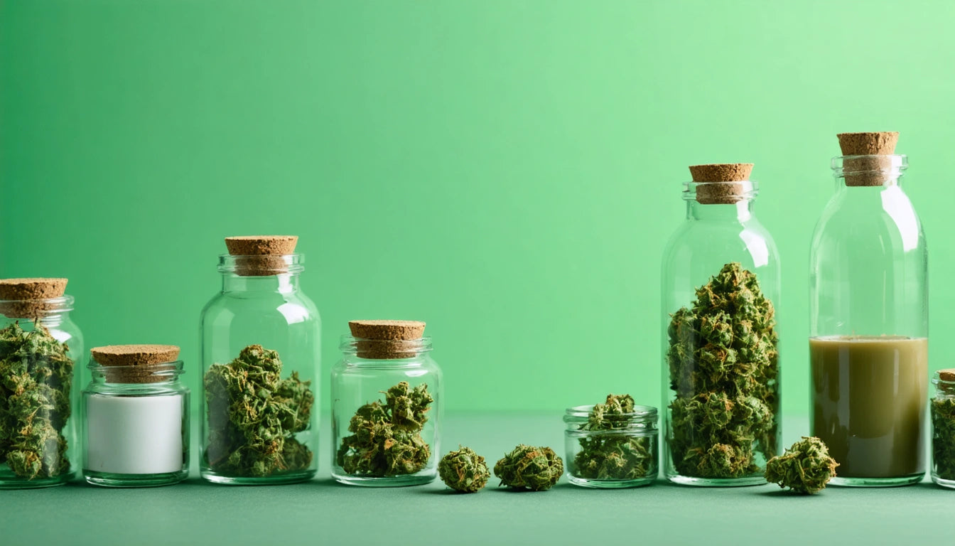 Glass jars with cork lids filled with green plant buds on a green background