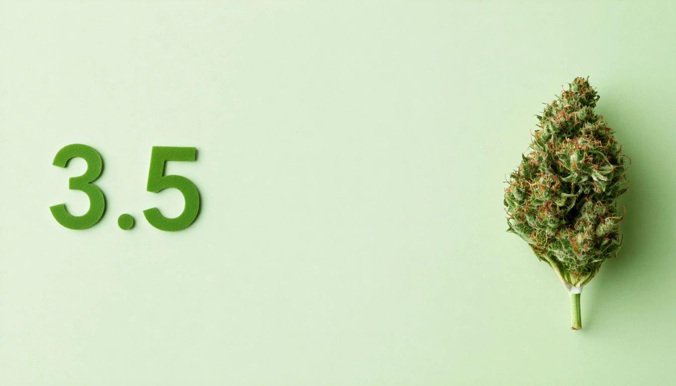 Green number 3.5 on left, cannabis bud on right against light green background