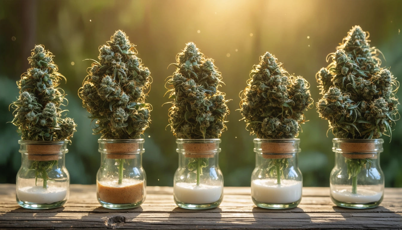 Five jars with cork lids, each containing a plant bud, arranged on a wooden surface, backlit by warm sunlight