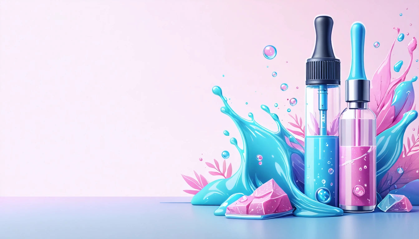 Two dropper bottles with blue and pink liquid, surrounded by splashes, pink leaves, and geometric shapes on a reflective surface