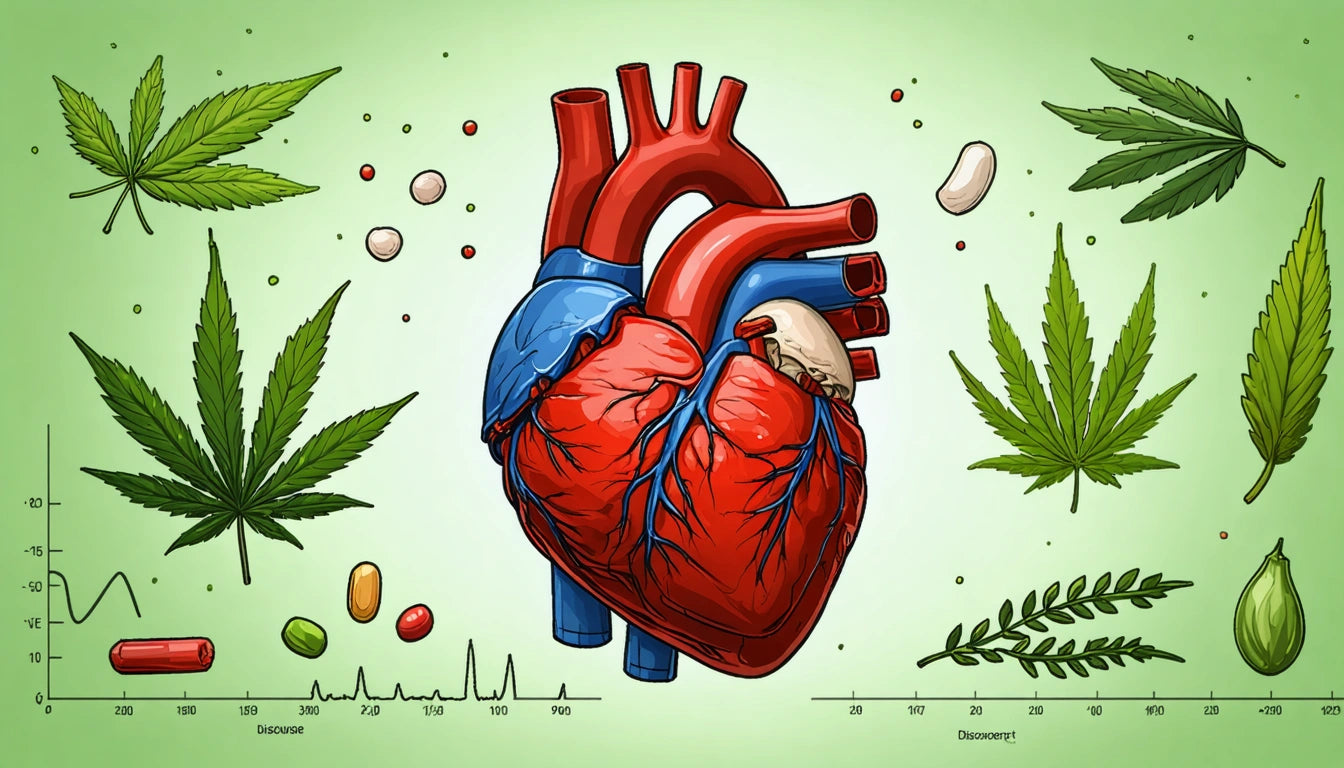 Red and blue anatomical heart surrounded by green leaves, pills, and seeds on a light green background with graph lines below