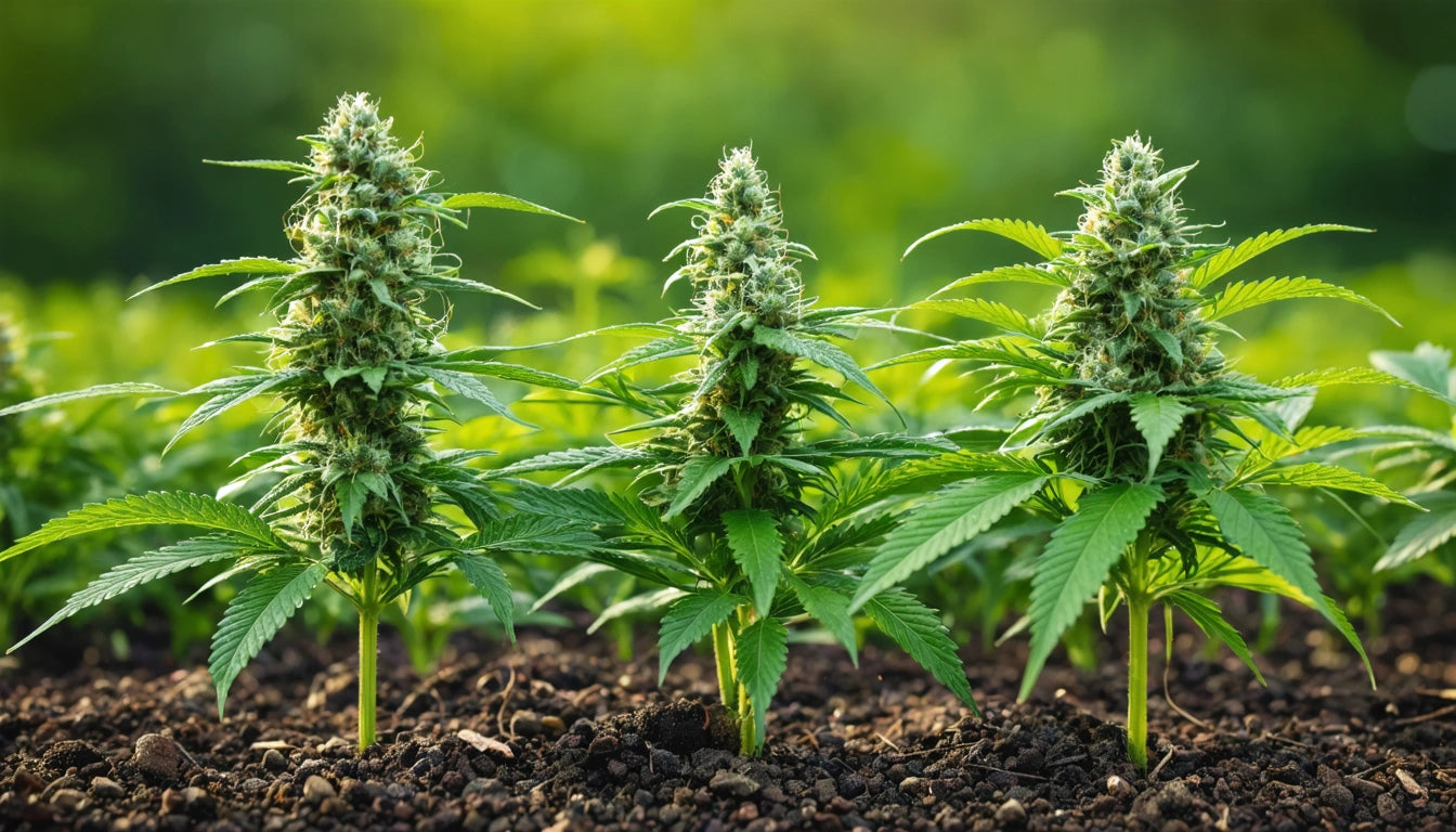 Three green plants with spiky leaves and buds growing in soil, blurred greenery in the background