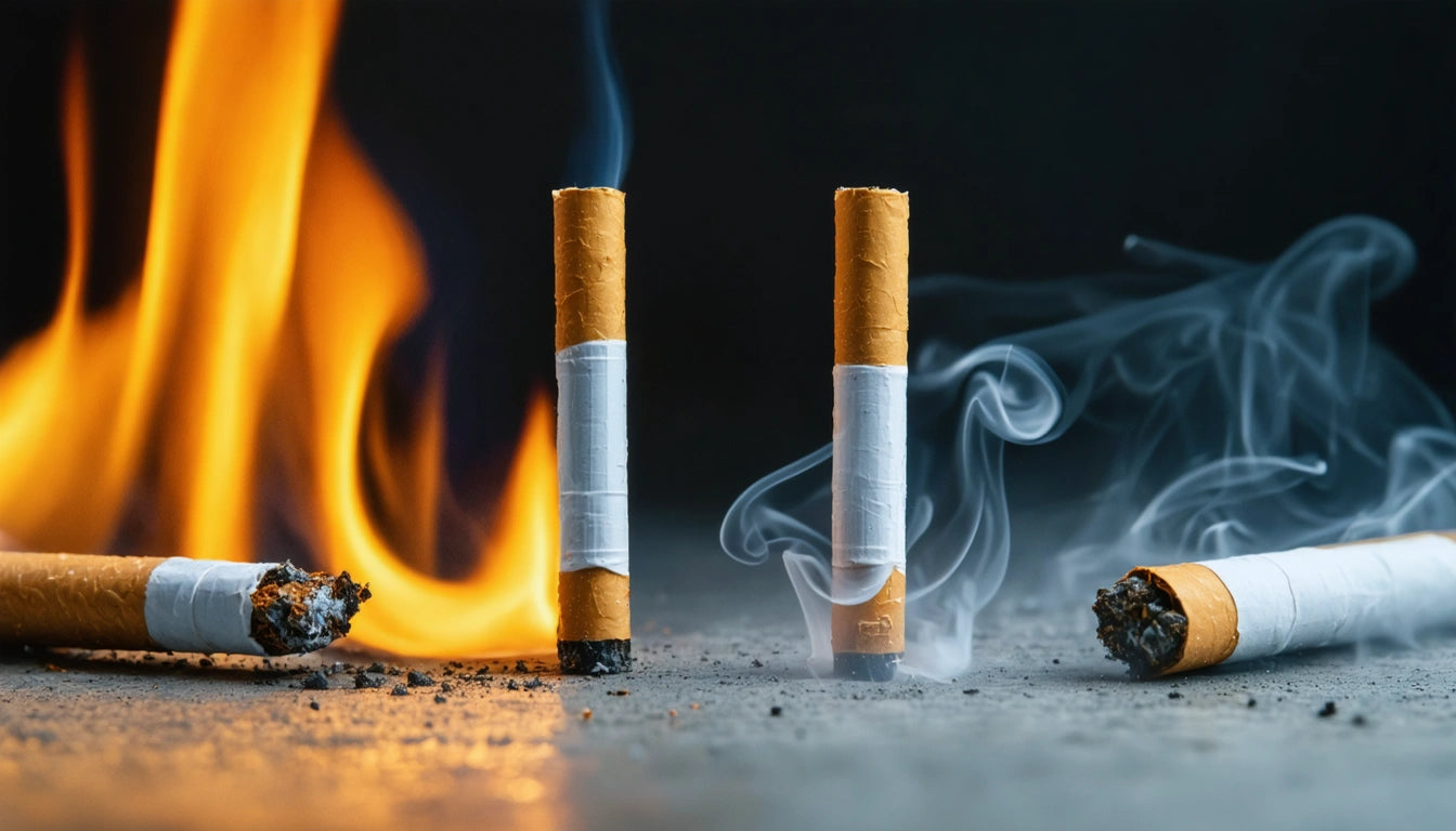 Burning cigarettes with smoke rising, one cigarette standing upright, flames in the background, ash scattered on the surface