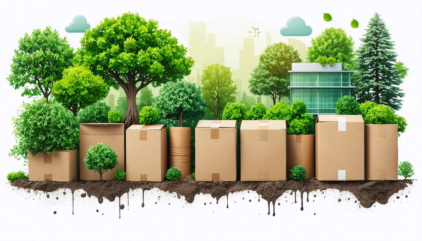 Cardboard boxes with trees growing from them, soil beneath, green building, city skyline in background, cloudy sky